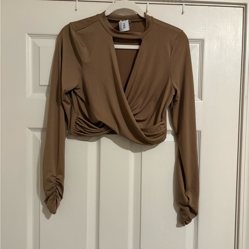 Zara Twist-Front Crop Top in Warm Brown